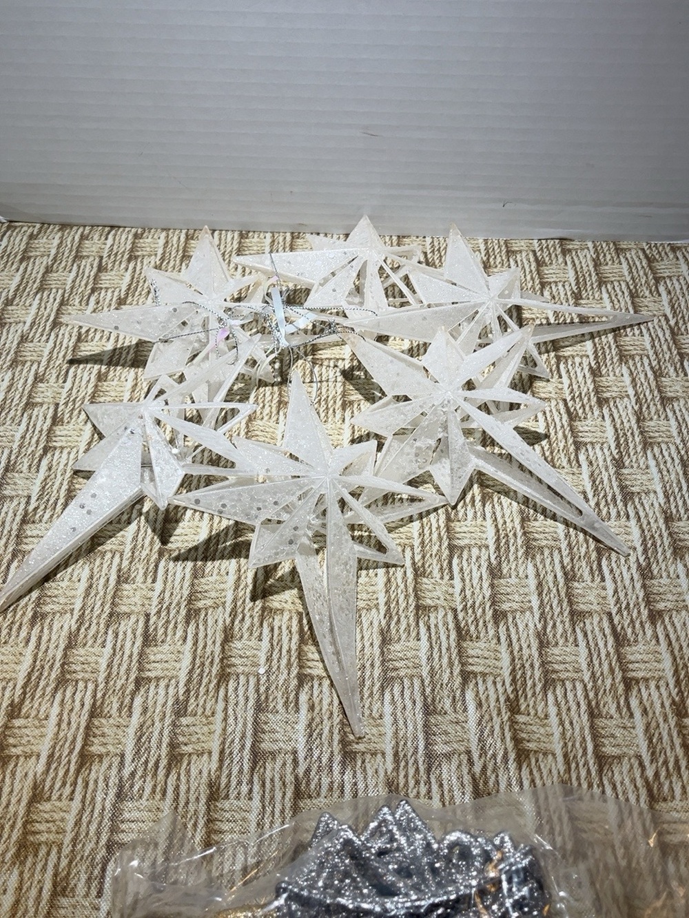 Lot of 6 Clear Acrylic Glitter Starburst Christmas Ornaments 8” Hanging Stars